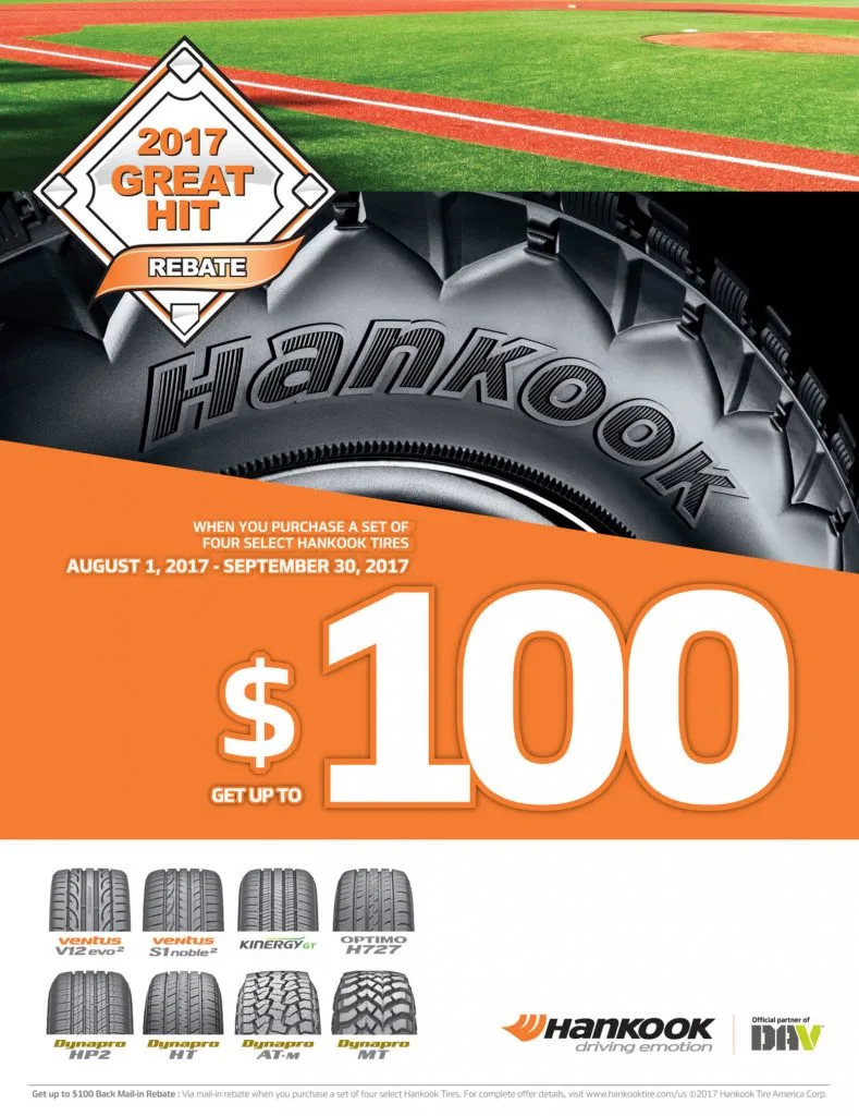 With Hankook Tire's Great Hit Rebate, consumers can save up to $100 on eight of Hankooks most popular passenger and light truck tire models. (PRNewsfoto/Hankook Tire America Corp.)