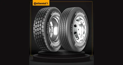 Two Continental truck tires, the Conti HSR 5 EP steer tire and the Conti HDR 5 EP drive tire, shown side by side against a dark background