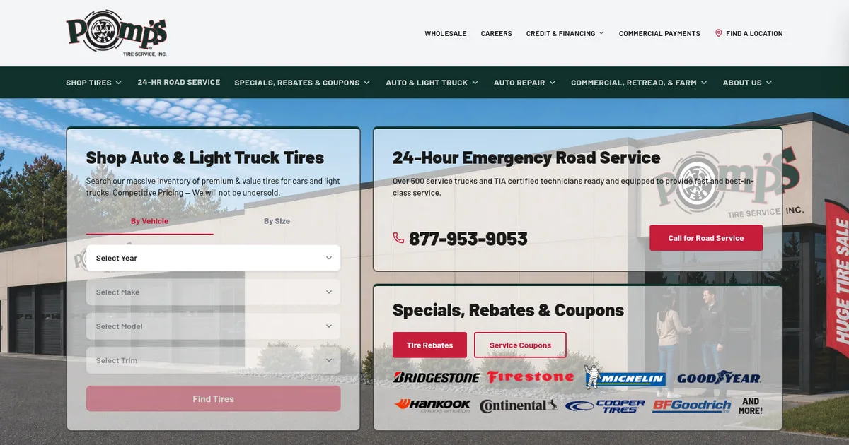 Homepage of the refreshed Pomp’s Tire Service website, showing a tire search by vehicle, a 24-hour emergency road service panel, and specials, rebates and coupons over a photo of a Pomp’s store