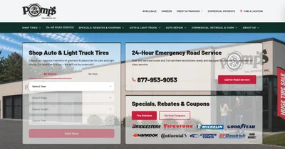Homepage of the refreshed Pomp’s Tire Service website, showing a tire search by vehicle, a 24-hour emergency road service panel, and specials, rebates and coupons over a photo of a Pomp’s store