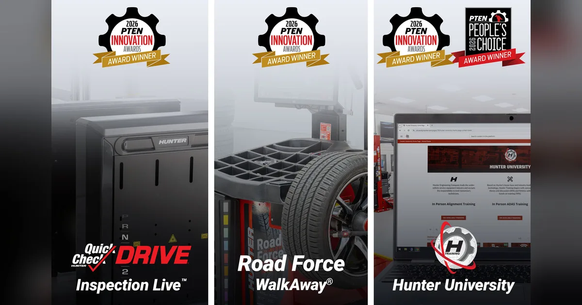 Three panels each with a 2026 PTEN Innovation Awards winner badge over Quick Check Drive Inspection Live, the Road Force WalkAway balancer and a Hunter University laptop screen, the last also with a People's Choice badge