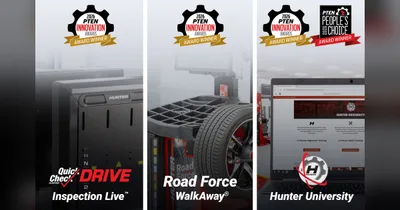 Three panels each with a 2026 PTEN Innovation Awards winner badge over Quick Check Drive Inspection Live, the Road Force WalkAway balancer and a Hunter University laptop screen, the last also with a People's Choice badge