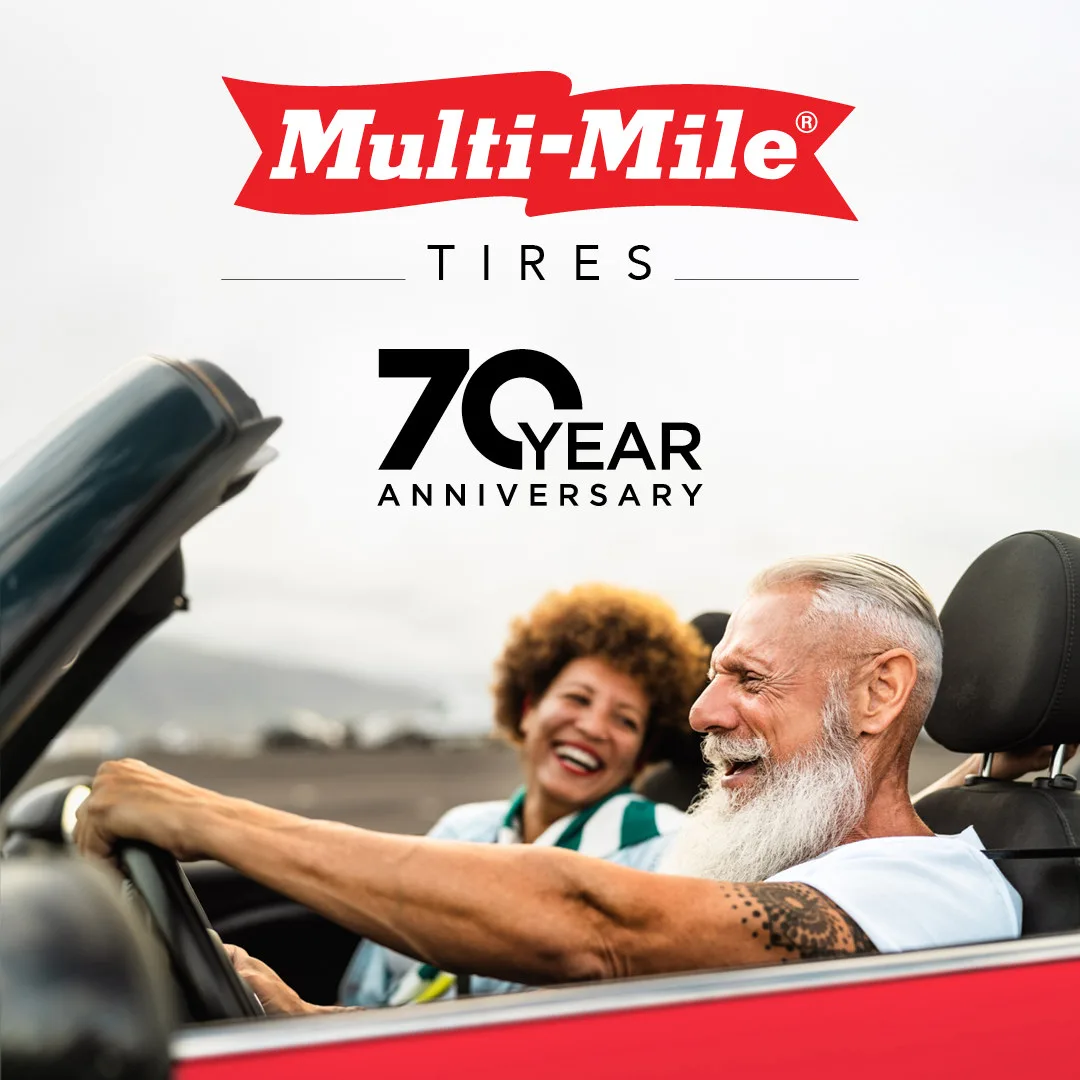 Multi-Mile Tires 70 Year Anniversary graphic showing a smiling couple driving a red convertible with the top down