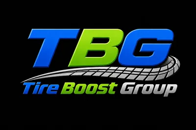 Tire Boost Group logo: blue and green TBG letters above a grey tire-tread swoosh on a black background