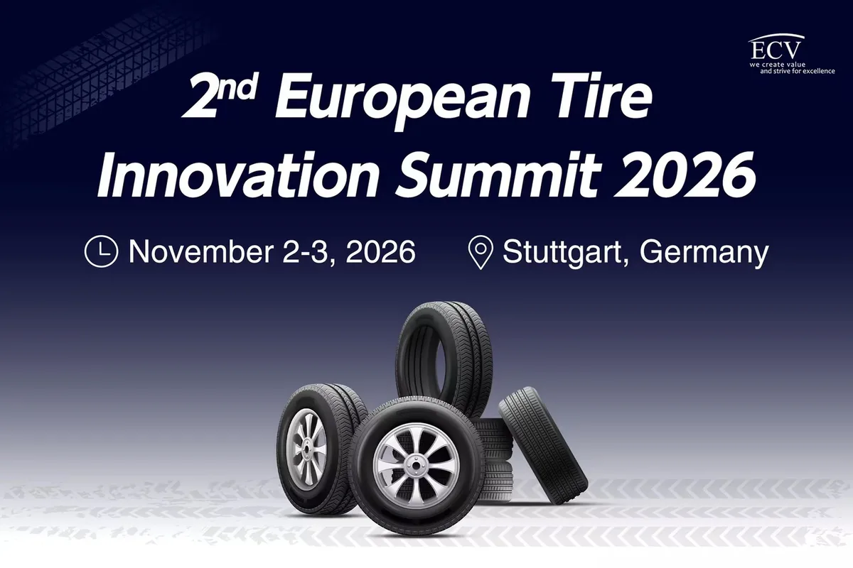 Promotional banner for the 2nd European Tire Innovation Summit 2026, Nov. 2-3, 2026, in Stuttgart, Germany, showing a group of passenger tires on alloy wheels against a dark blue background