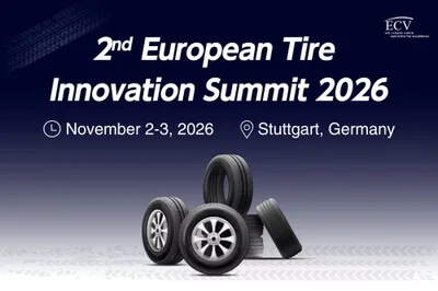 Promotional banner for the 2nd European Tire Innovation Summit 2026, Nov. 2-3, 2026, in Stuttgart, Germany, showing a group of passenger tires on alloy wheels against a dark blue background
