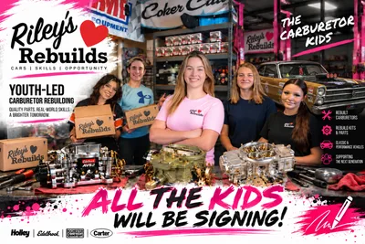 Riley's Rebuilds promo card showing kids with carburettors