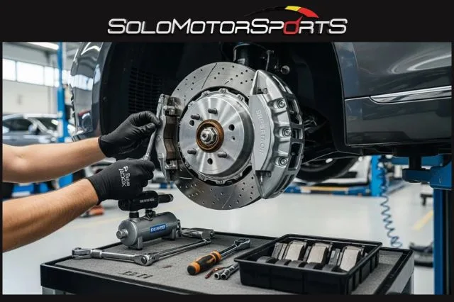 Solo Motor Sports technician working on a European car brake assembly