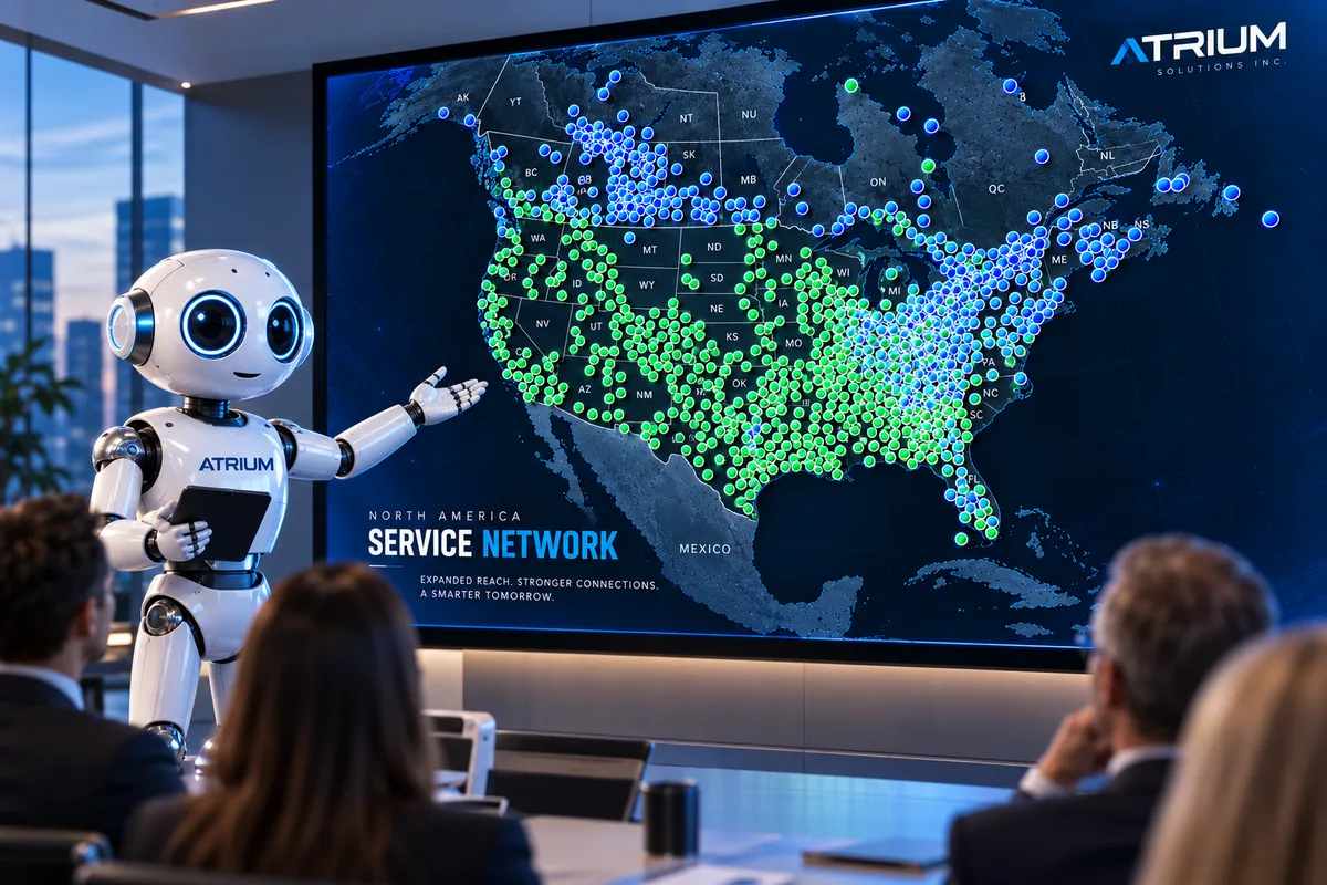 Atrium robot presenter in front of a North America service network map with the text 'Service Network'