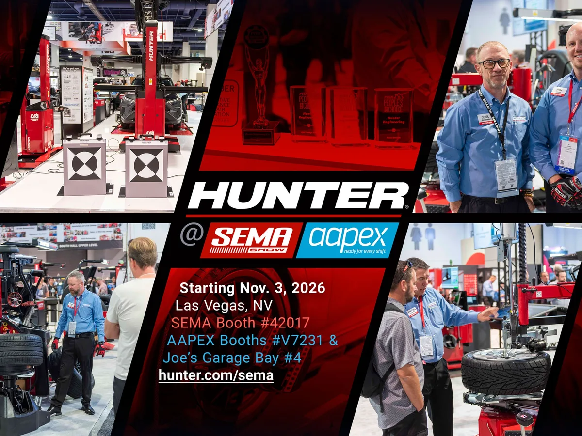 Hunter Engineering promotional collage for SEMA and AAPEX 2026 showing booth scenes and the Hunter logo