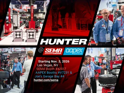Hunter Engineering promotional collage for SEMA and AAPEX 2026 showing booth scenes and the Hunter logo