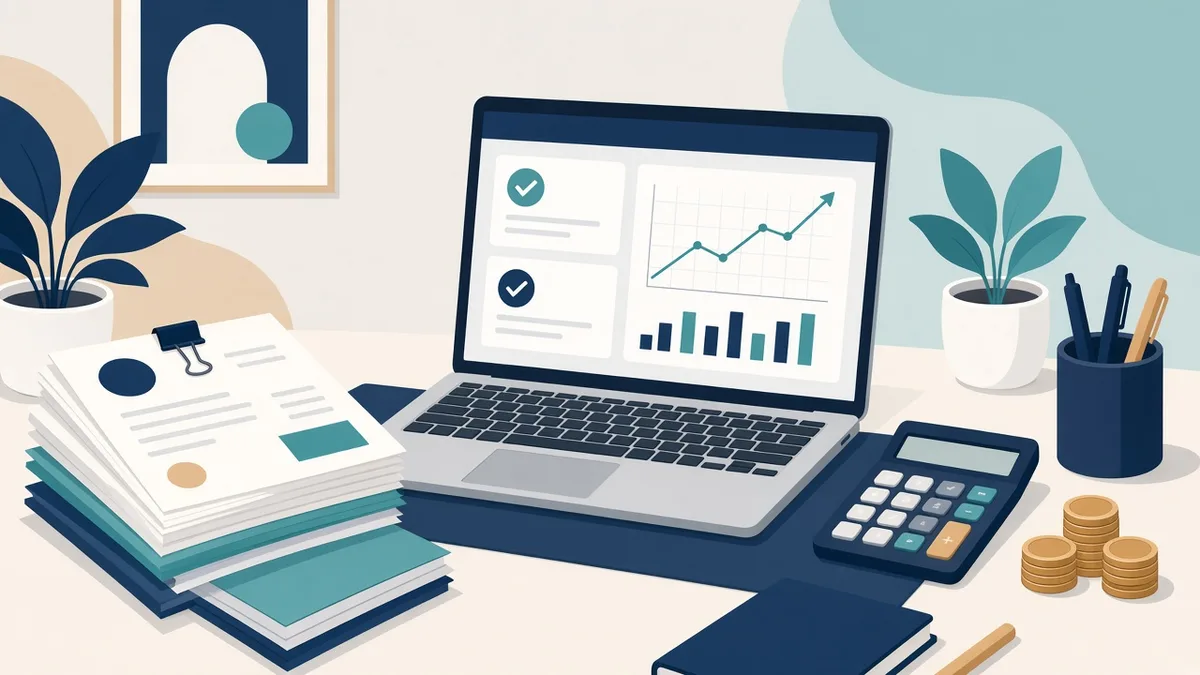 Illustration of a desk with stacked invoices, a laptop showing a dashboard with checkmarks and a rising trend line, a calculator and coins.