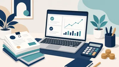 Illustration of a desk with stacked invoices, a laptop showing a dashboard with checkmarks and a rising trend line, a calculator and coins.