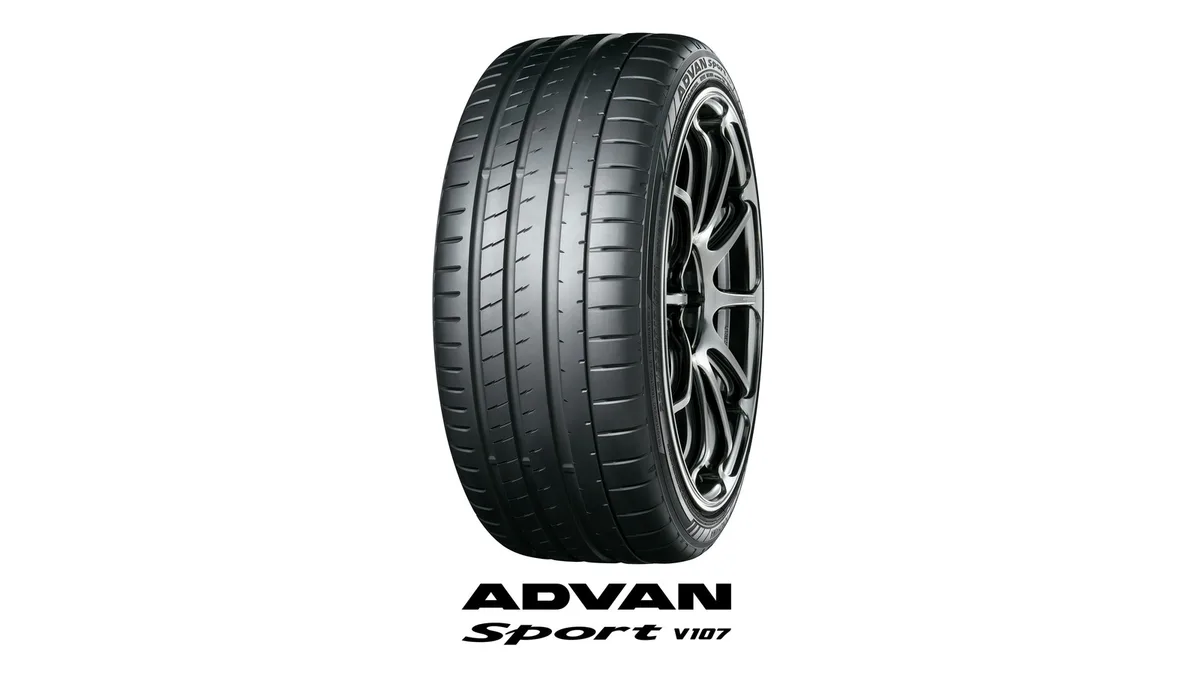 Yokohama ADVAN Sport V107 tire mounted on a wheel, with the ADVAN Sport V107 logo below