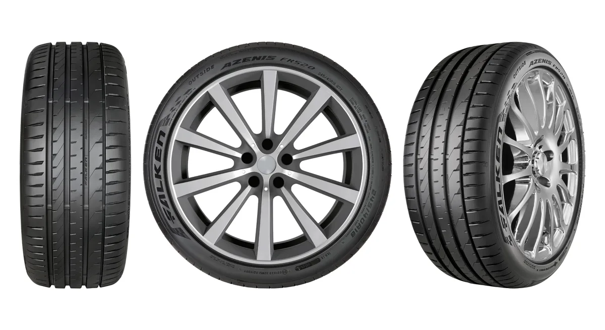 Three views of the FALKEN AZENIS FK520 tire: tread face on, sidewall mounted on an alloy wheel, and an angled view.