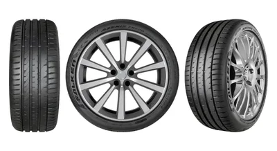 Three views of the FALKEN AZENIS FK520 tire: tread face on, sidewall mounted on an alloy wheel, and an angled view.