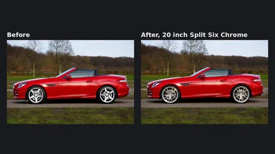 Side by side photos of a red Mercedes SLK350 convertible. On the left, labelled Before, the car has its original silver alloy wheels. On the right, labelled After, 20 inch Split Six Chrome, the same car shows chrome multi-spoke wheels.