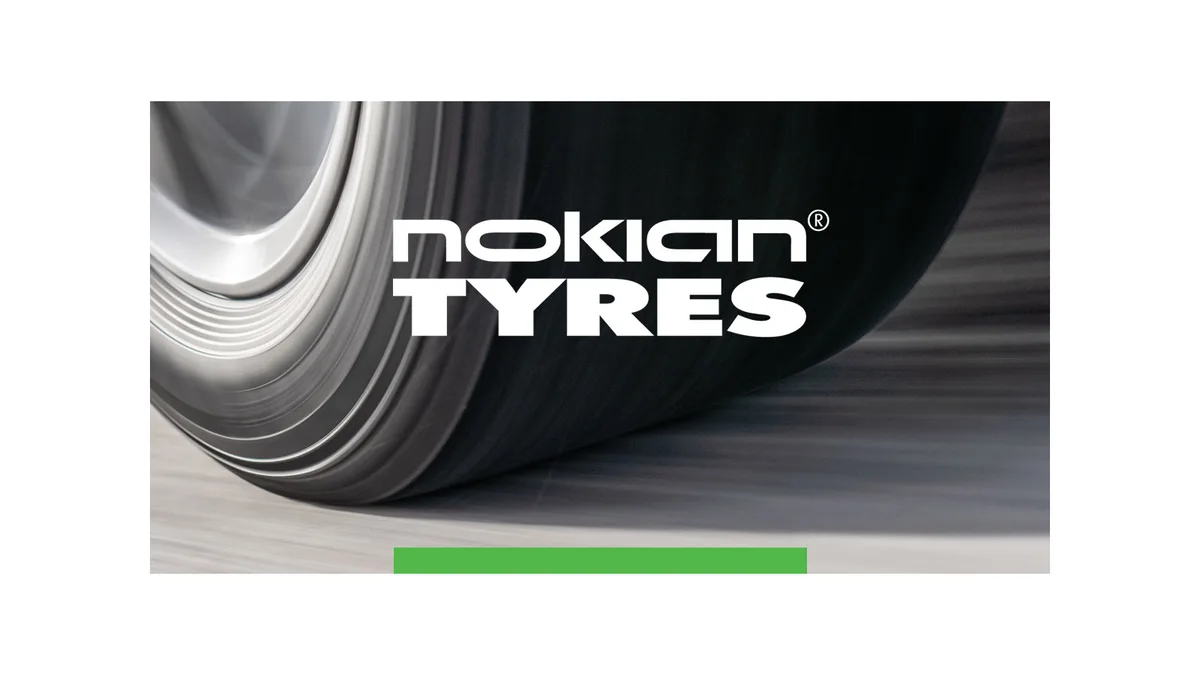 White Nokian Tyres logo over a close-up photo of a tire rolling on a road, with a green bar along the lower edge, centered on a white background.