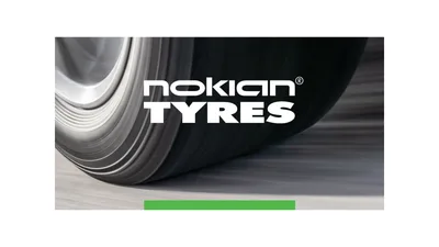 White Nokian Tyres logo over a close-up photo of a tire rolling on a road, with a green bar along the lower edge, centered on a white background.