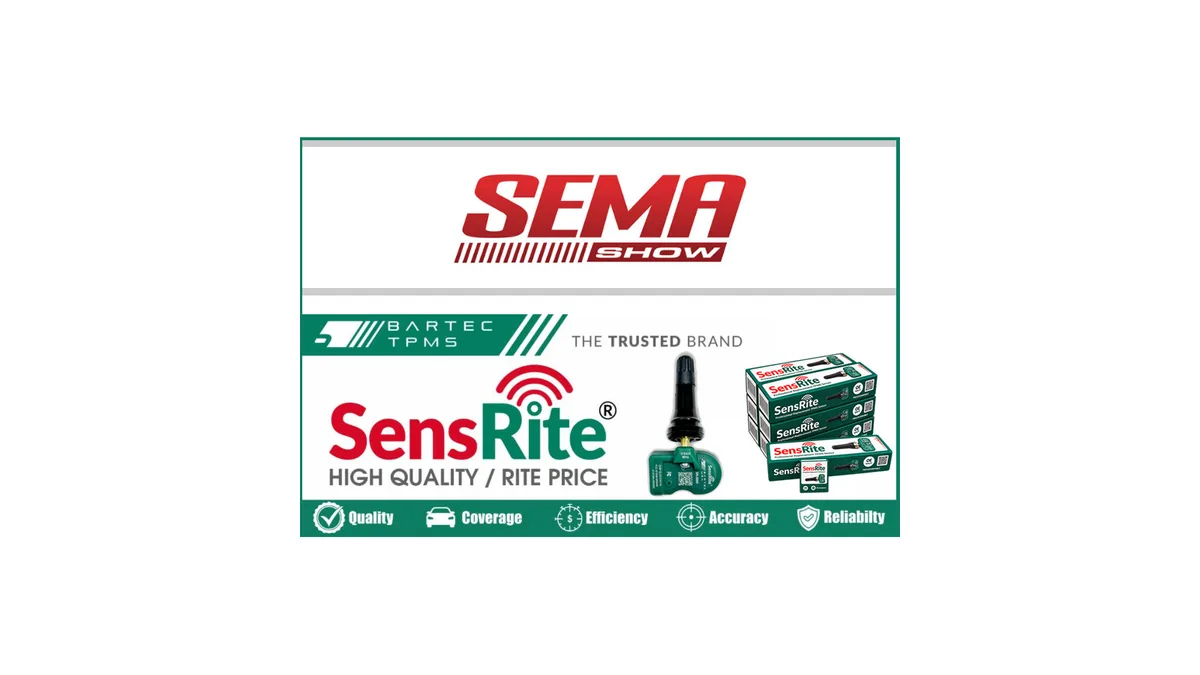 Promotional graphic with the SEMA Show logo above the Bartec TPMS and SensRite logos, a green TPMS sensor with a black rubber valve stem beside stacked SensRite sensor boxes, and a green bar reading Quality, Coverage, Efficiency, Accuracy and Reliability, centered on a white background.