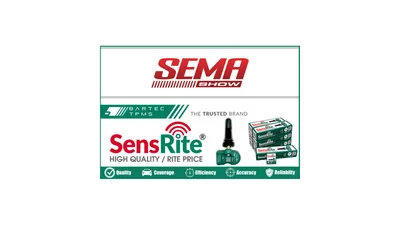 Promotional graphic with the SEMA Show logo above the Bartec TPMS and SensRite logos, a green TPMS sensor with a black rubber valve stem beside stacked SensRite sensor boxes, and a green bar reading Quality, Coverage, Efficiency, Accuracy and Reliability, centered on a white background.