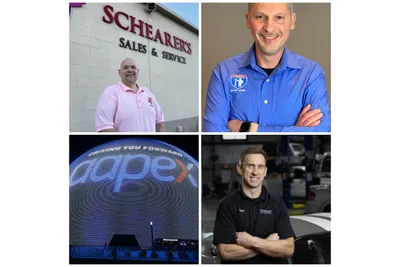 Four-photo collage: a man in front of a Schearer's Sales & Service building, a man in an Interstate Auto Care shirt, the AAPEX name lit on a large dome display, and a technician in a black shop shirt standing in a garage.