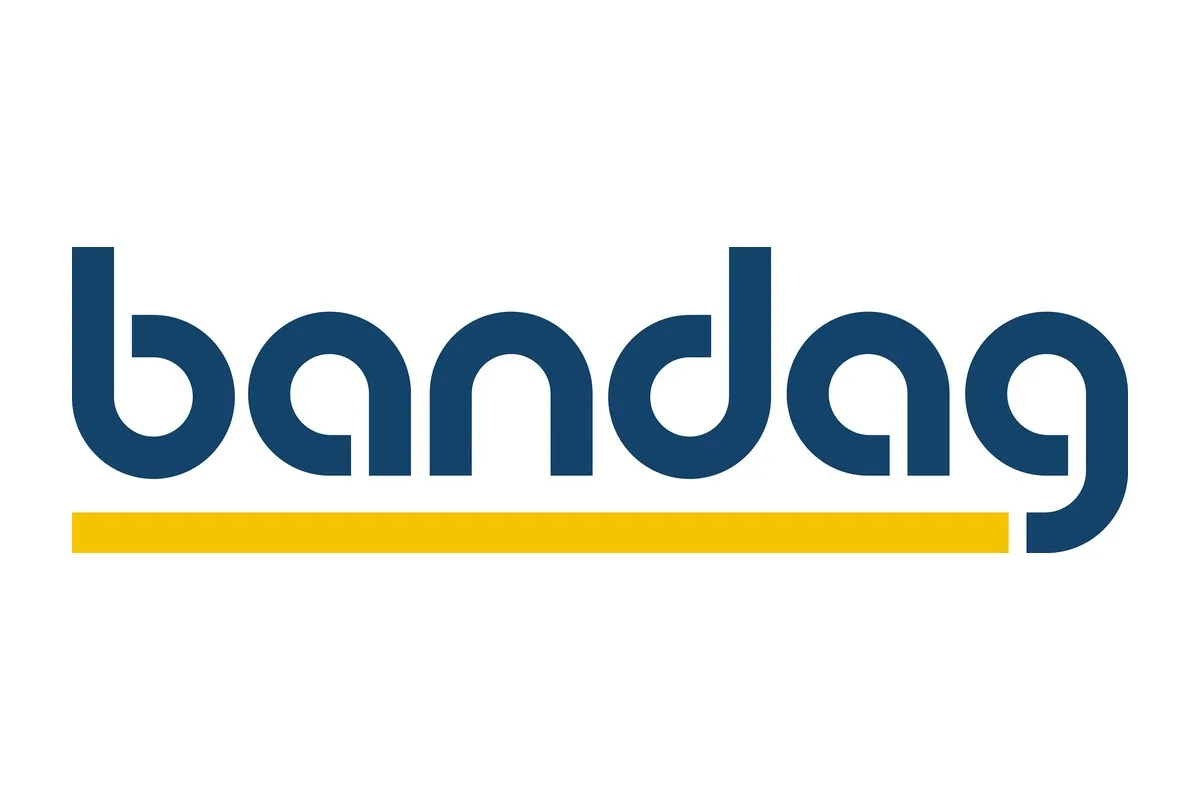 Bandag logo in blue with a yellow underline on a white background