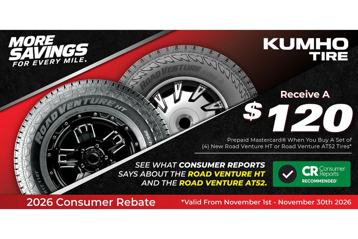 Kumho Tire promotional graphic showing Road Venture HT and AT52 tires with a $120 prepaid Mastercard rebate and a Consumer Reports Recommended badge