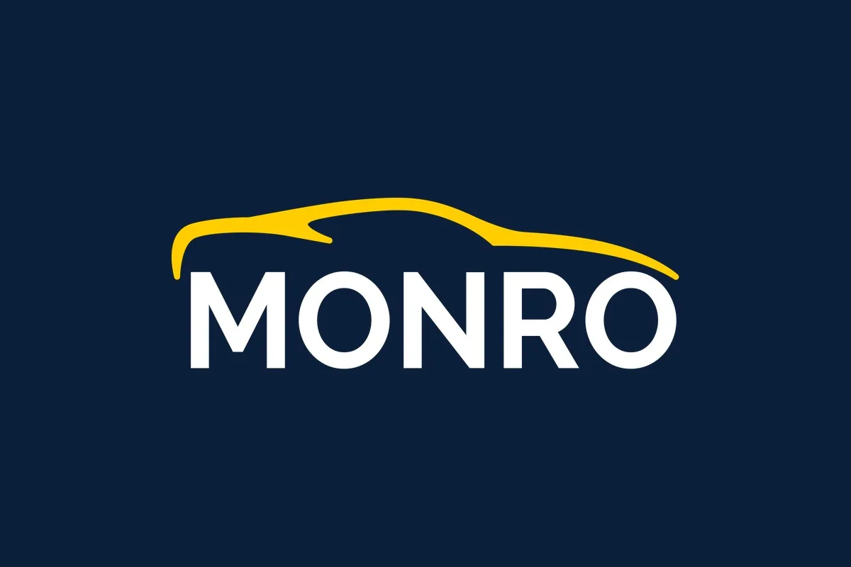 Monro logo in white with a yellow car outline on a dark navy background